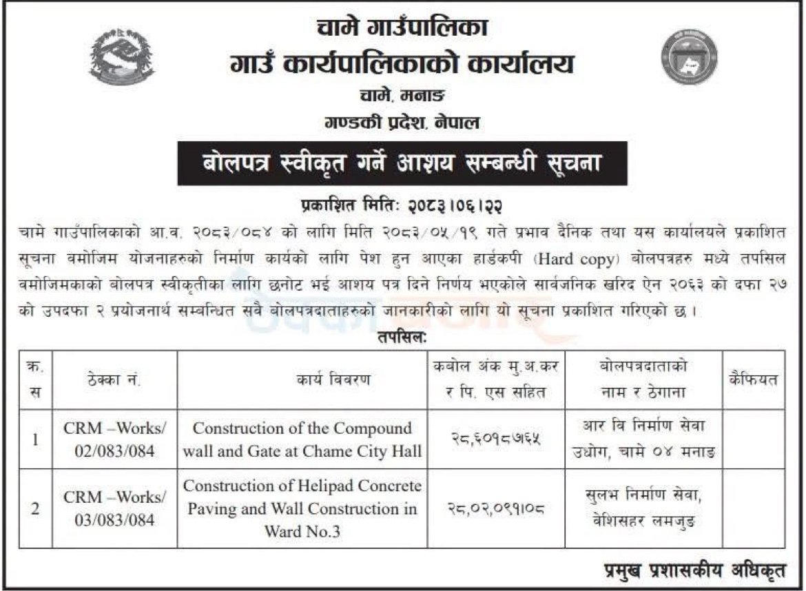 Chame Rural Municipality works contracts awarded notice