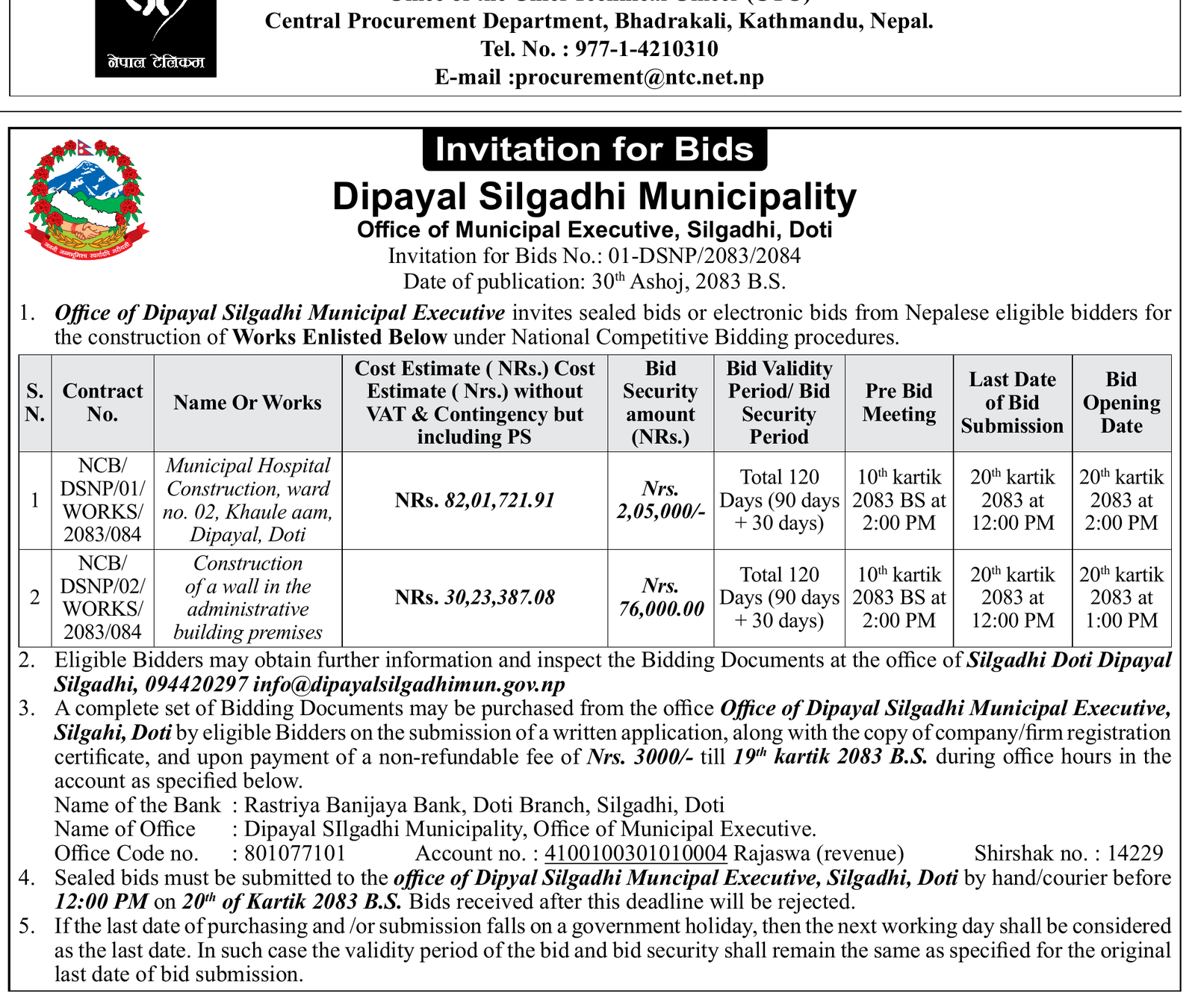 Dipayal Silgadhi Municipality hospital construction bid