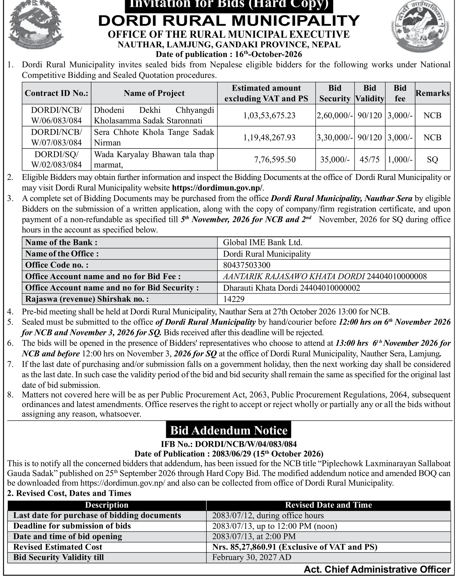 Dordi road bid addendum Piplechowk Gauda