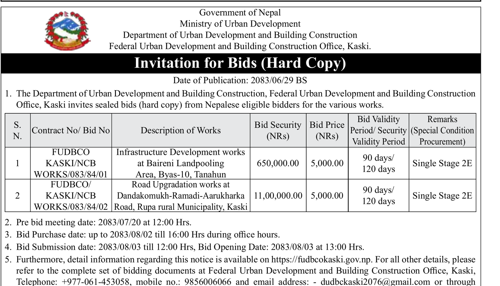 Federal Urban Development Office Kaski bids notice