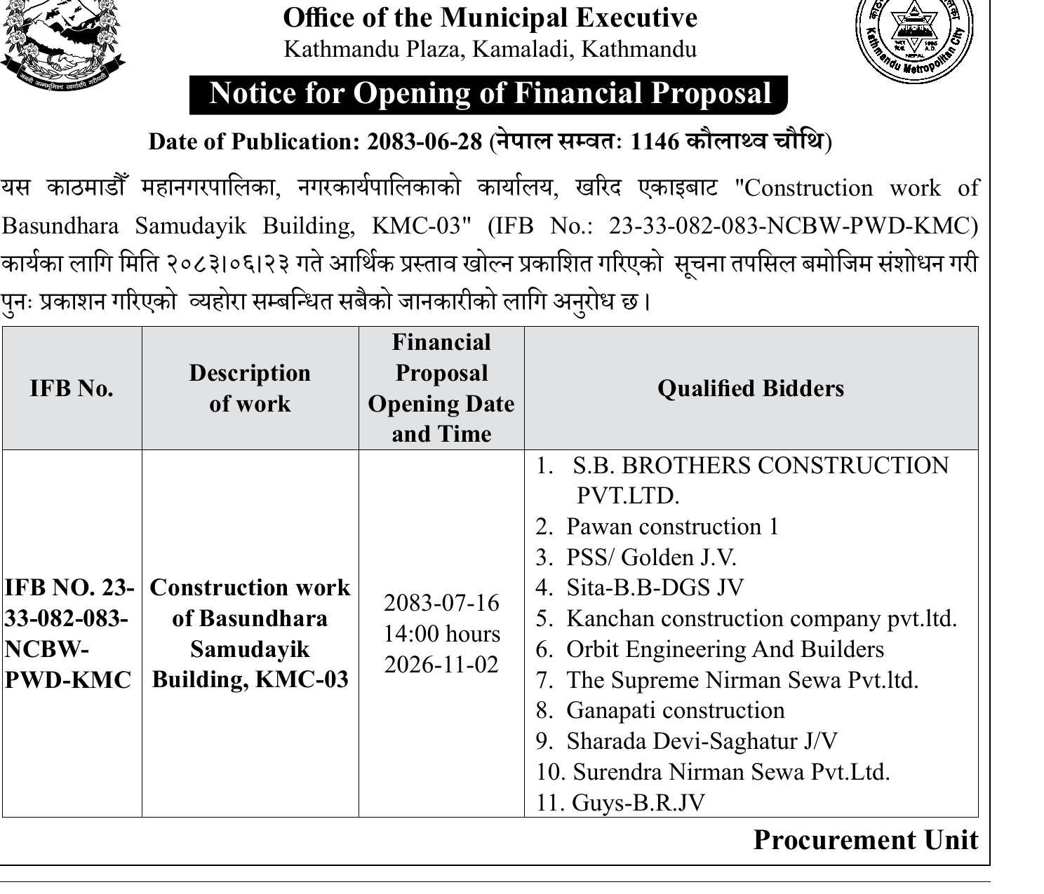 Basundhara Samudayik Building financial proposal official notice