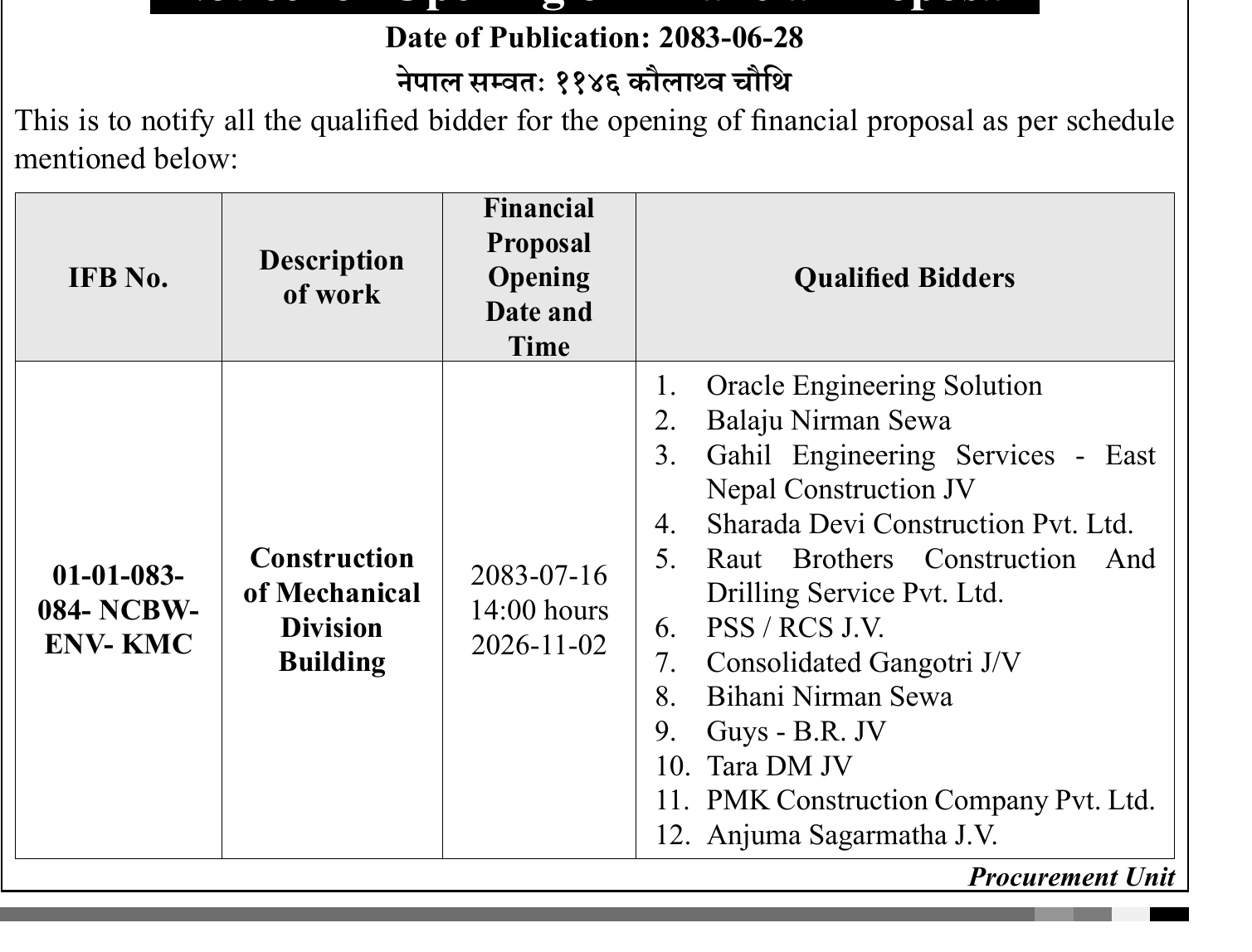 Mechanical Division Building financial proposal official notice
