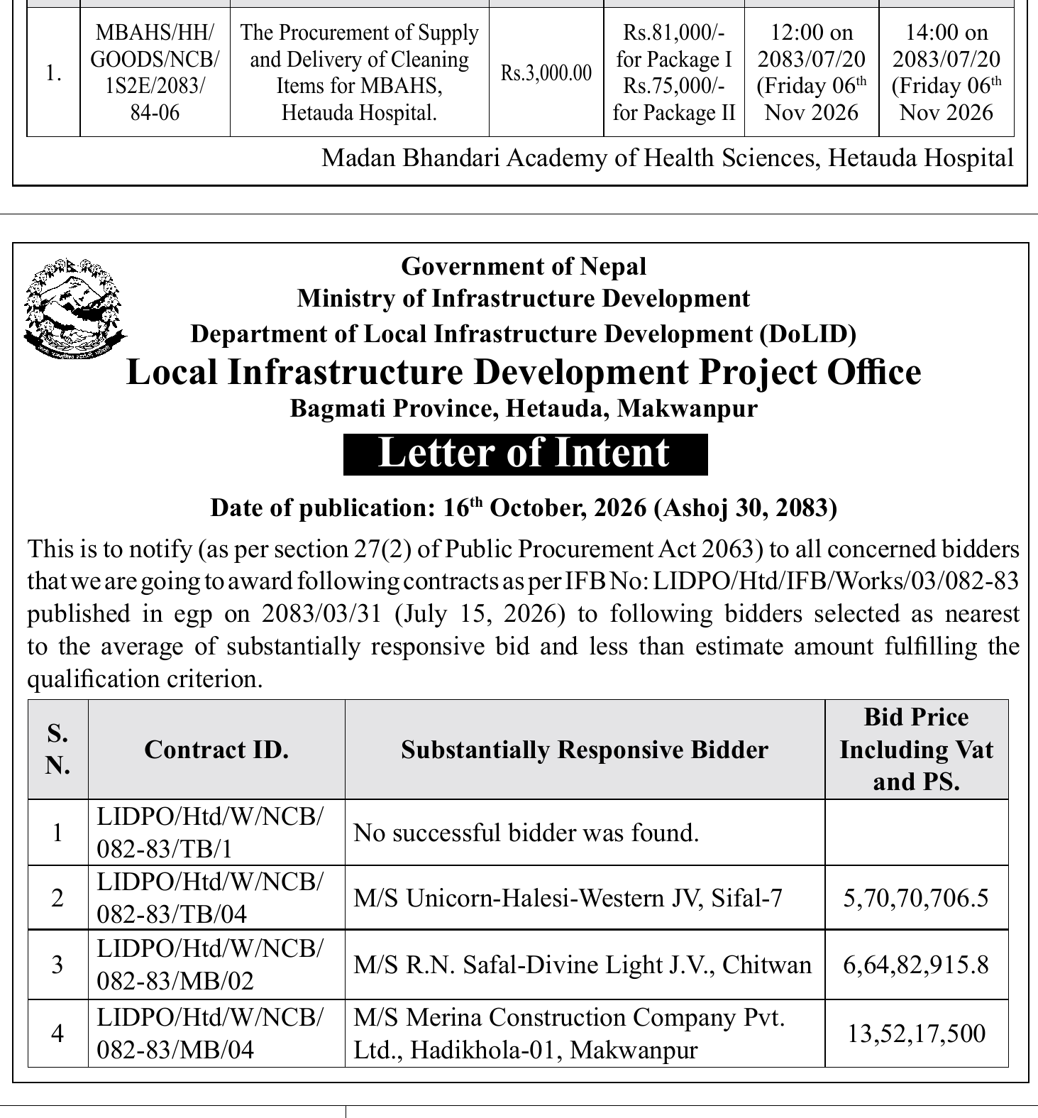 LIDPO Hetauda letter of intent contract awards