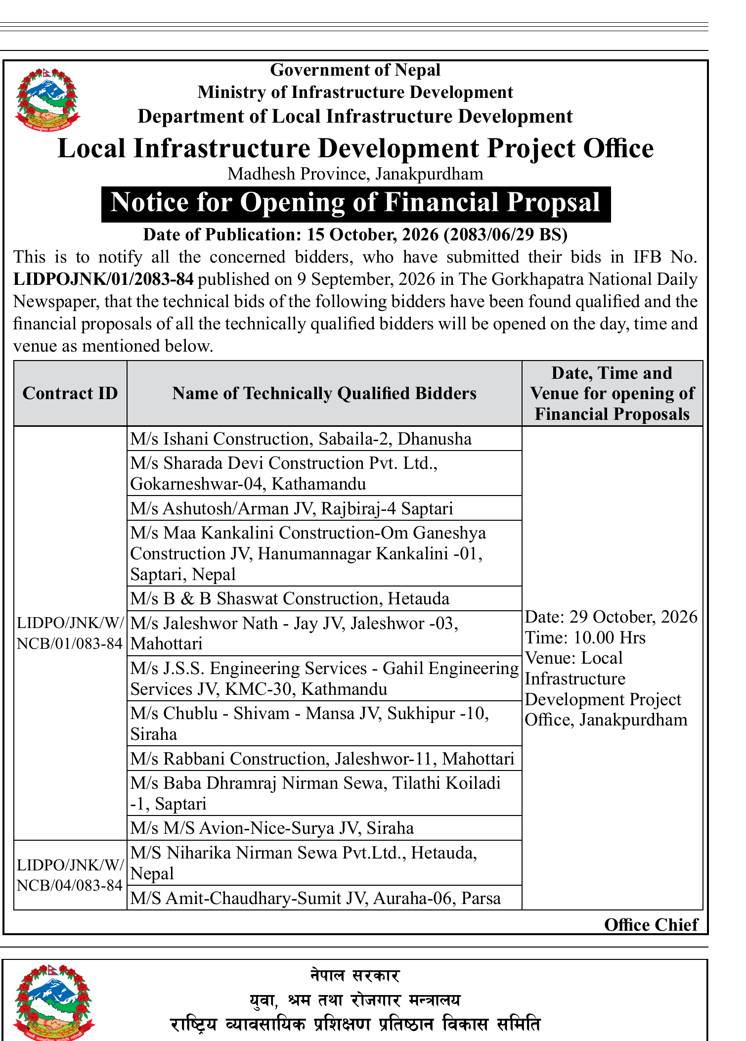 LIDPO Janakpur financial proposal opening official notice