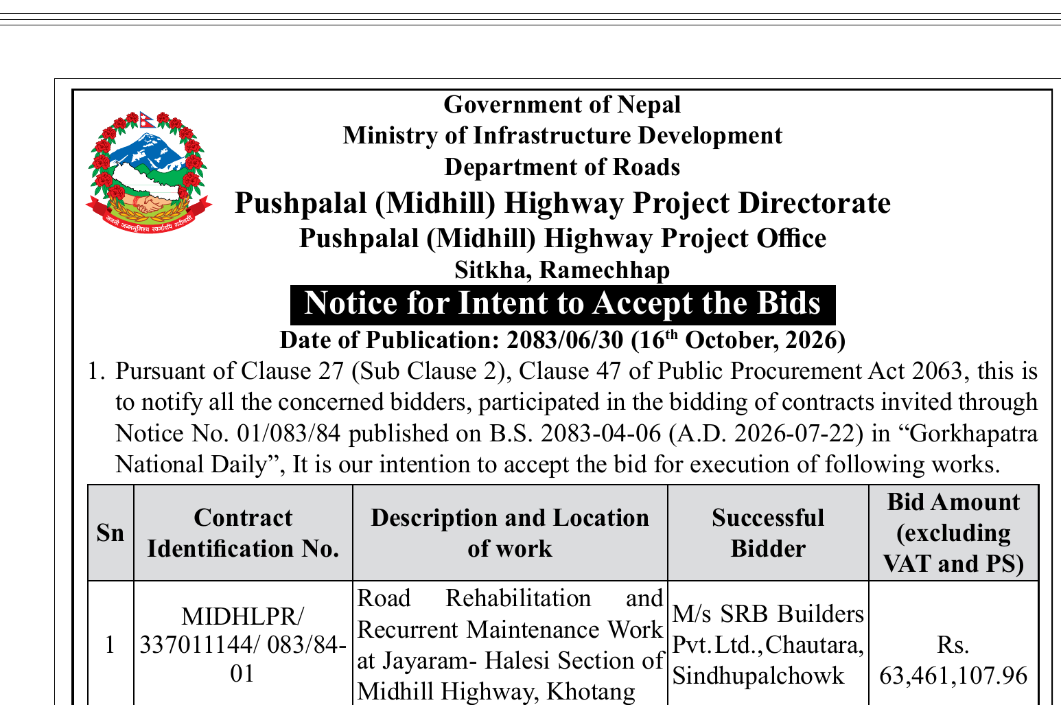 SRB Builders Midhill Highway contract award Khotang