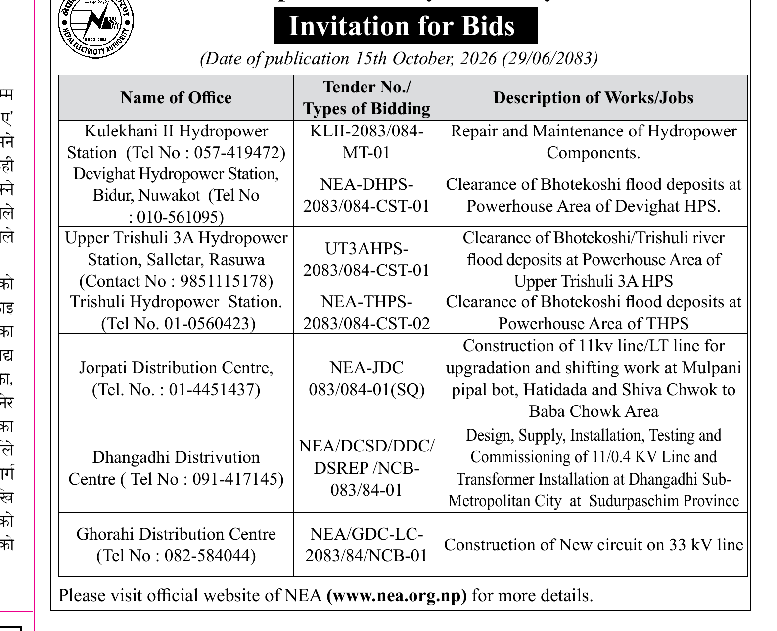NEA hydropower distribution tender bid notice