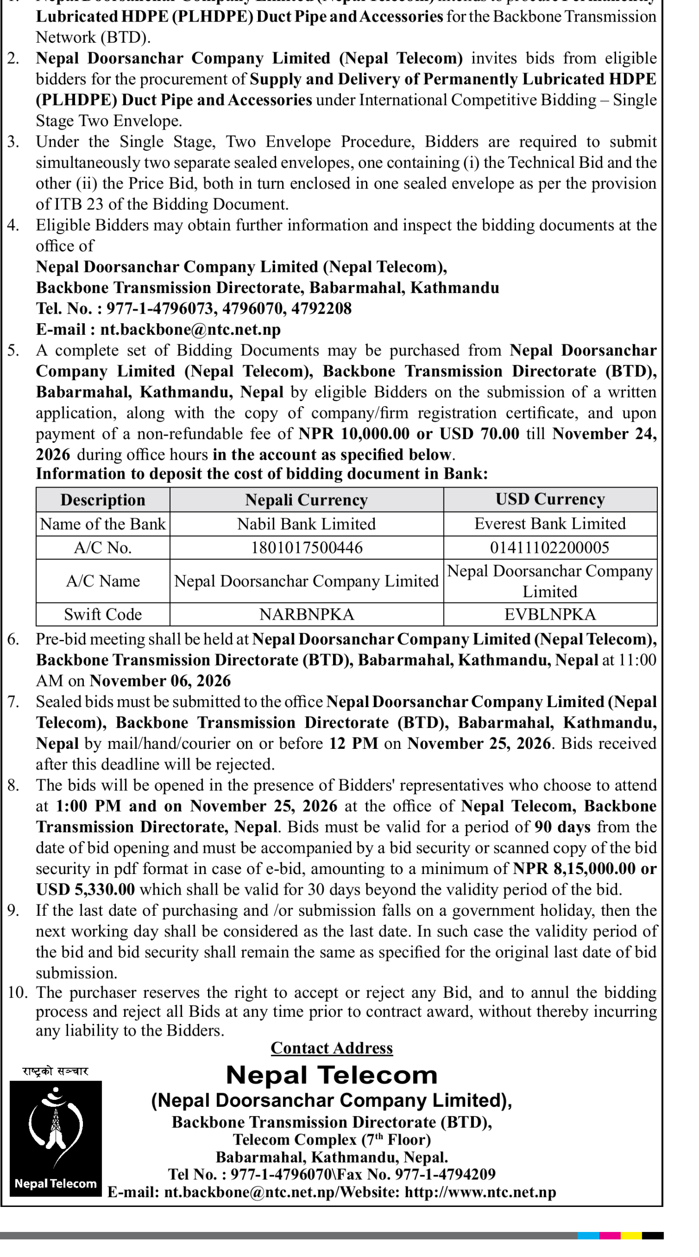 Nepal Telecom duct pipe tender official notice