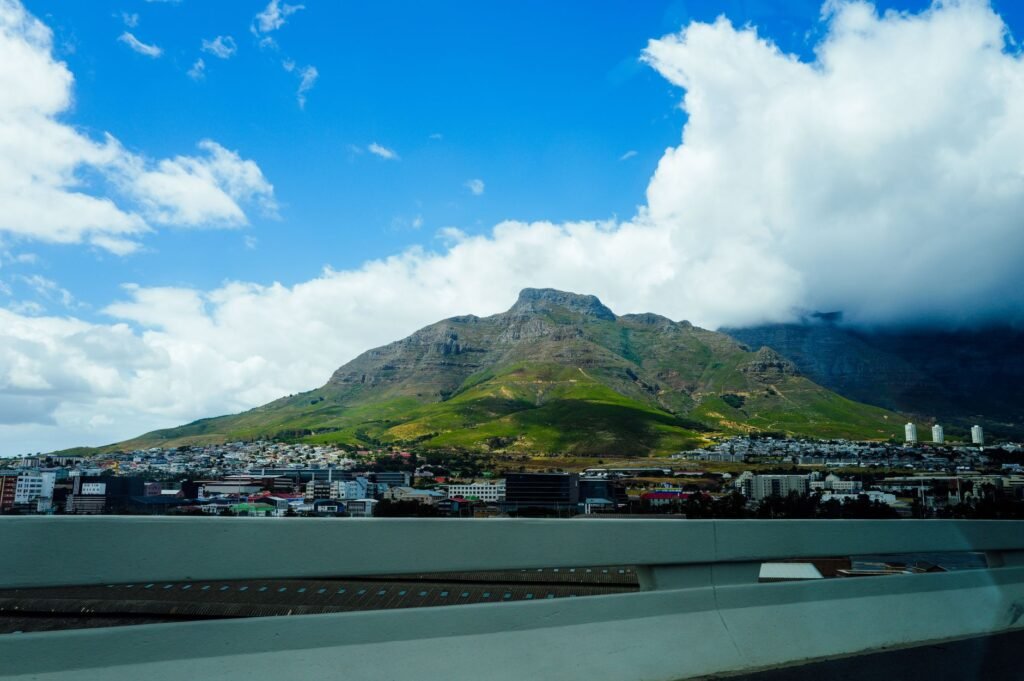 Cape Town foreshore project: highway view toward Table Mountain in Cape Town, where the unfinished freeways will be replaced by a tunnel and waterfront neighbourhood