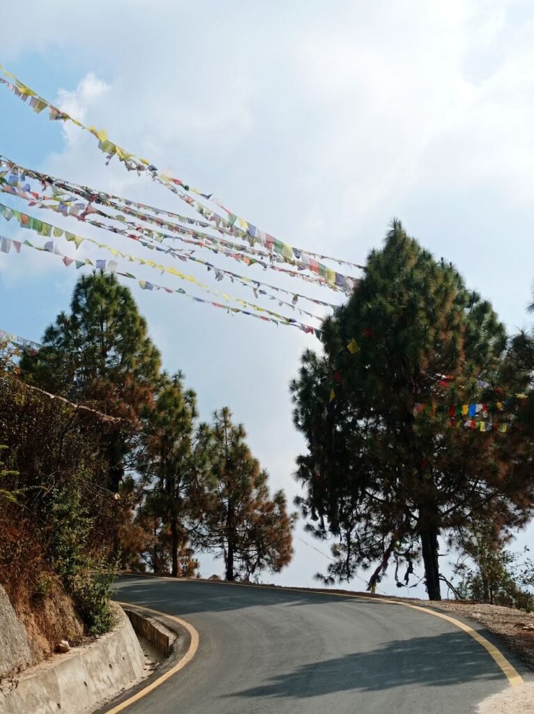 Tatopani border road repair: winding mountain road with colorful prayer flags in the Himalayas of Nepal