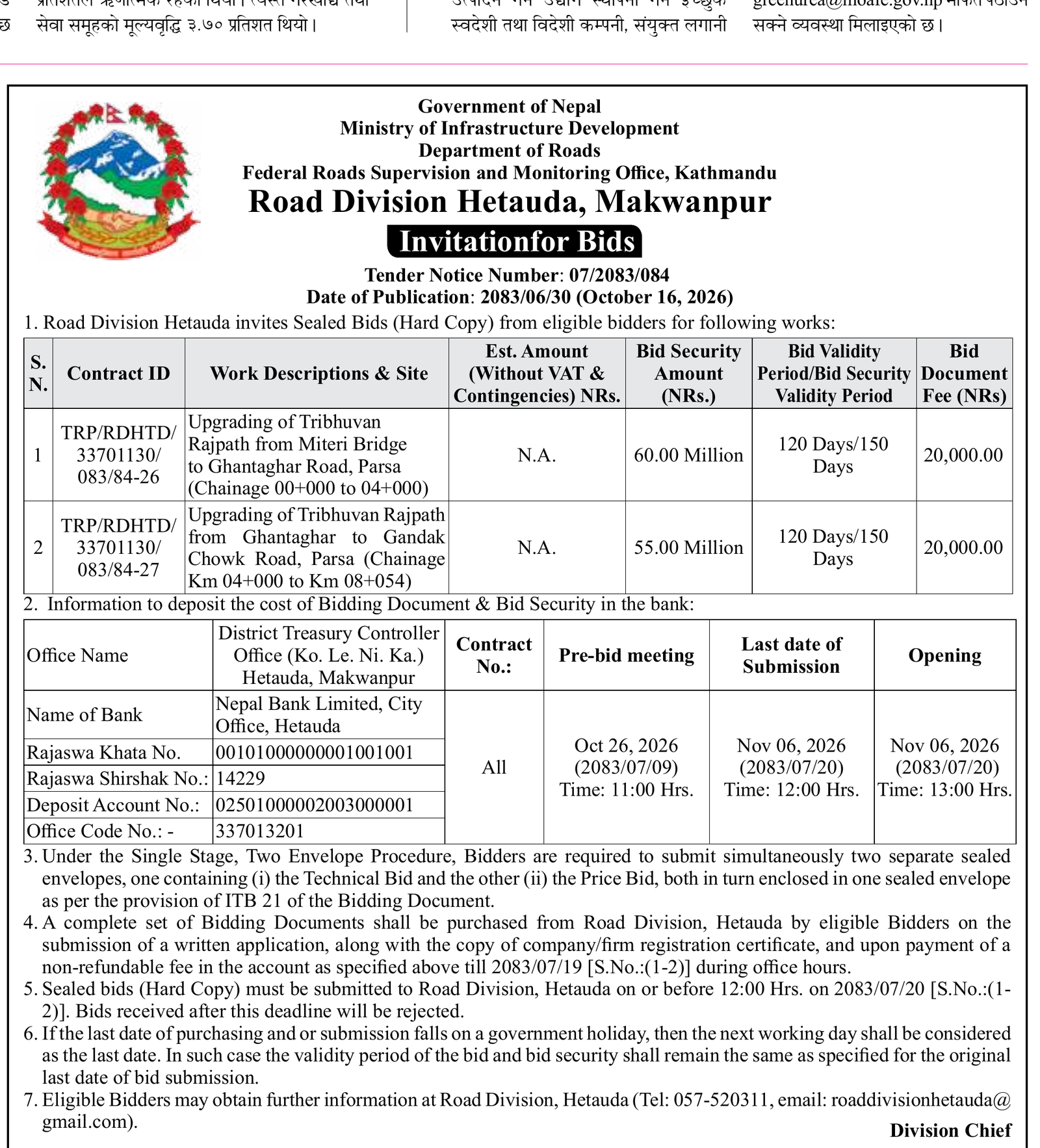 Tribhuvan Rajpath upgrading bid Parsa Road Division Hetauda