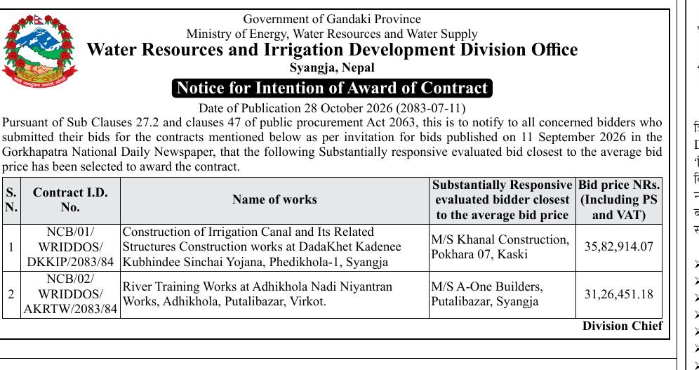 Syangja contract award: Syangja Water Resources and Irrigation Development Division Office notice for intention of award of contract