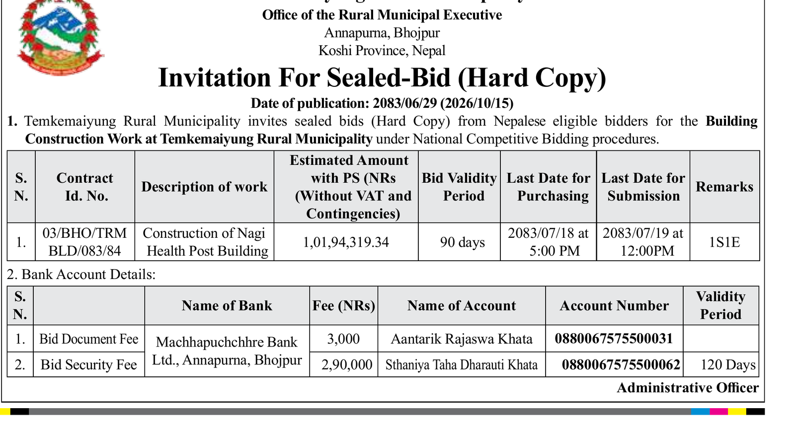 Temkemaiyung Nagi Health Post building bid notice