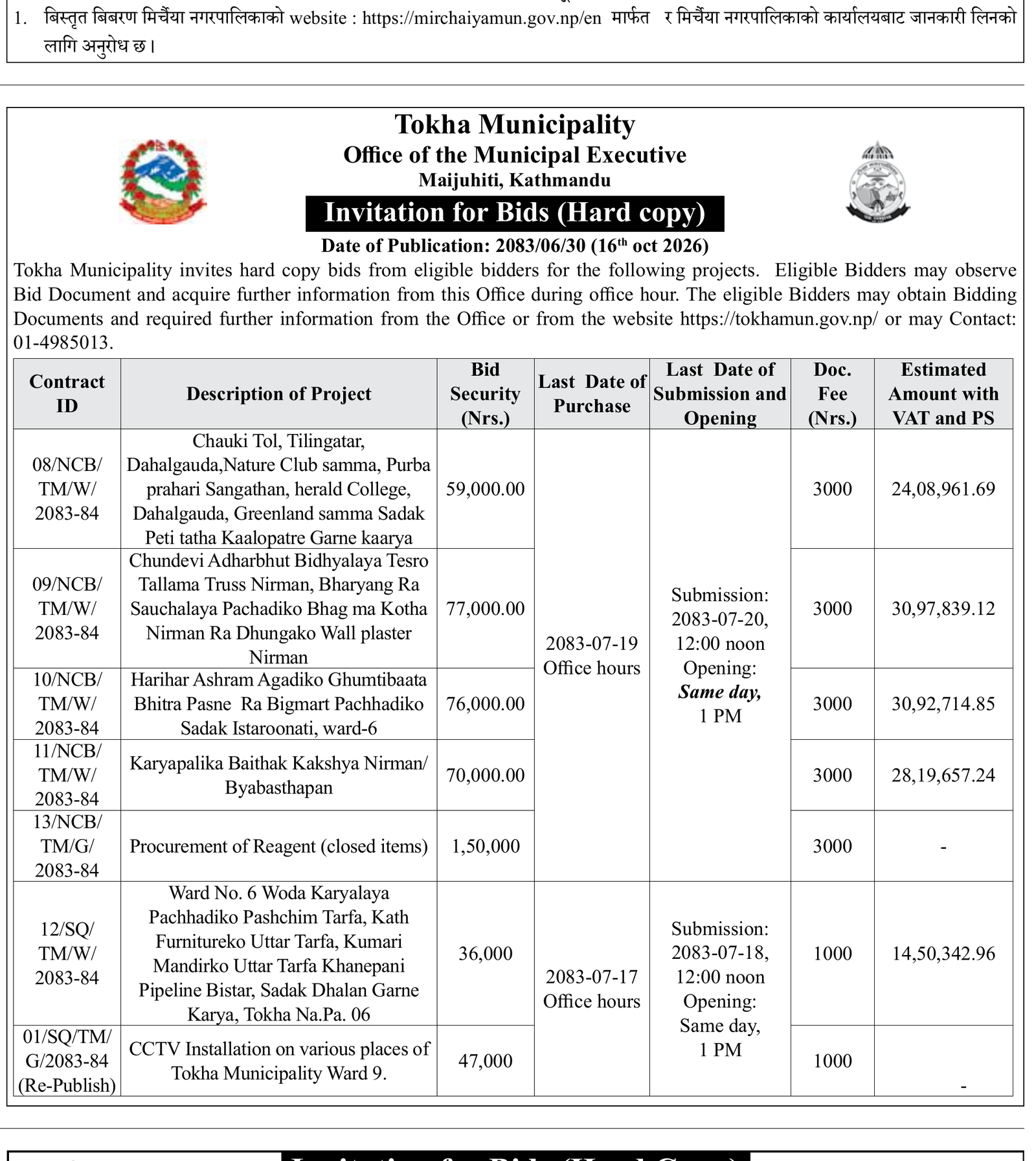 Tokha Municipality bid invitation works Kathmandu